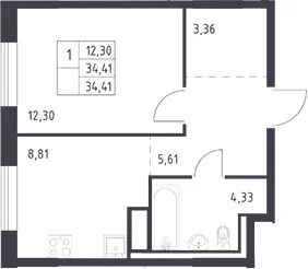 Планировка: 1-комнатная квартира 34,4 м² в ЖК «Квартал Лаголово»