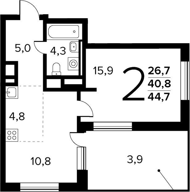 Планировка: Евродвушка 40,8 м² в ЖК «Новые Ватутинки Квартал у реки»