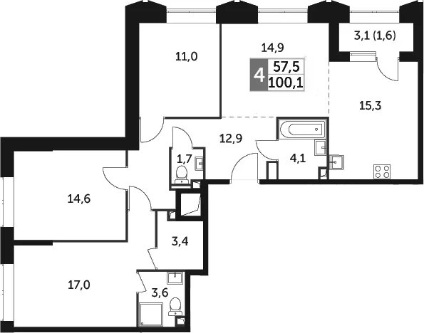 Планировка: Квартира евро-4 98,5 м² в ЖК «Режиссер»