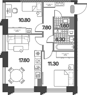 Планировка: Евротрёшка 53,2 м² в ЖК «Обручева 30»