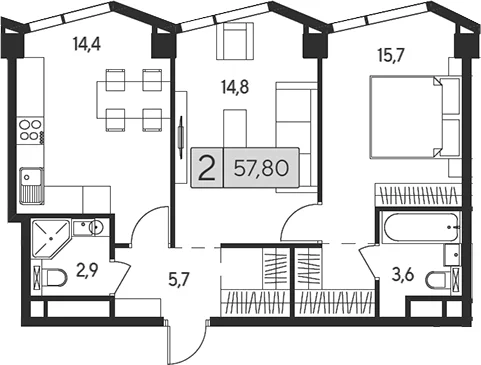 Планировка: 2-комнатная квартира 57,8 м² в ЖК «Инди Тауэрз от Аквилон»