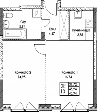 Планировка: Евродвушка 45,9 м² в ЖК «ЭВОПАРК Сокольники»