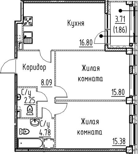 Планировка: Евротрёшка 63,1 м² в ЖК «Кронфорт»