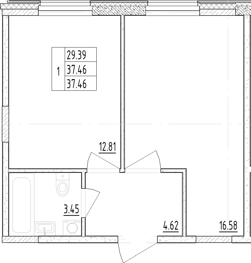 Планировка: 1-комнатная квартира 38,6 м² в ЖК «Зум Черная Речка»