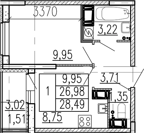Планировка: 1-комнатная квартира 27 м² в ЖК «Высота. Бугры»