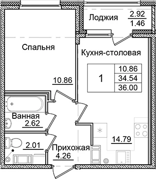 Планировка: 1-комнатная квартира 34,5 м² в ЖК «Квартал Заречье»