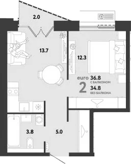 Планировка: Евродвушка 34,8 м² в ЖК «Страна.Заречная»