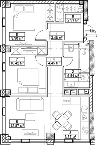Планировка: Евротрёшка 56,3 м² в ЖК «Сити Бэй»