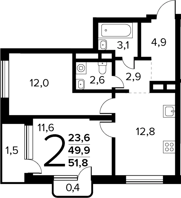 Планировка: 2-комнатная квартира 49,9 м² в ЖК «Новые Ватутинки Квартал у реки»