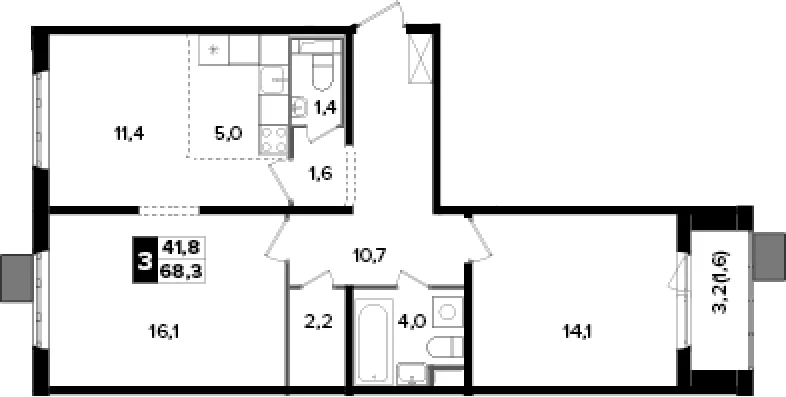 Планировка: Евротрёшка 66,7 м² в ЖК «Южная Битца»