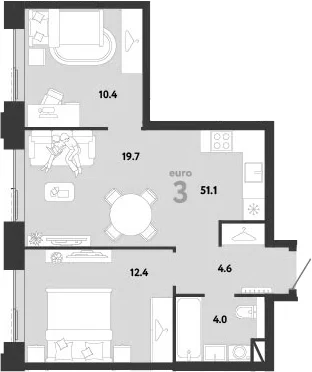 Планировка: Евротрёшка 51,1 м² в ЖК «Страна.Заречная»