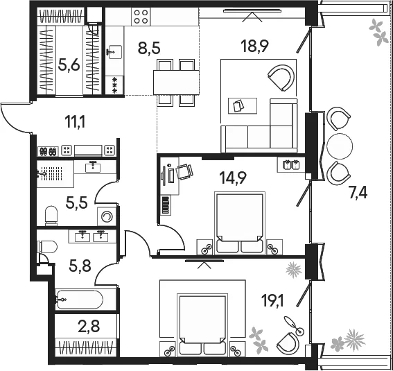 Планировка: Евротрёшка 92,2 м² в ЖК «Клубный город на реке Примавера»