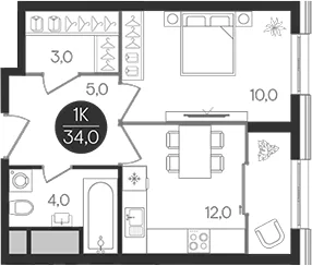 Планировка: 1-комнатная квартира 34 м² в ЖК «Кантемировский»