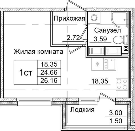 Планировка: Студия 24,7 м² в ЖК «Квартал Заречье»