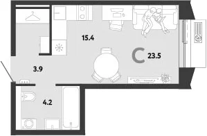 Планировка: Студия 23,5 м² в ЖК «Страна.Заречная»