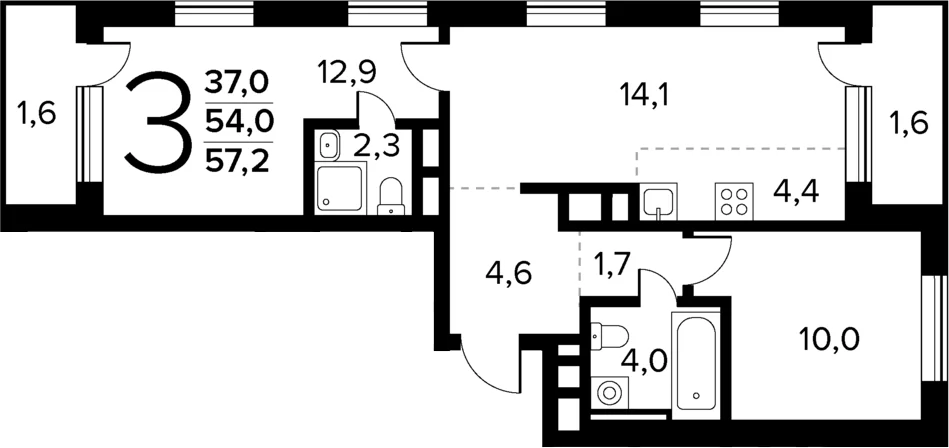 Планировка: Евротрёшка 54 м² в ЖК «Новые Ватутинки Квартал у реки»