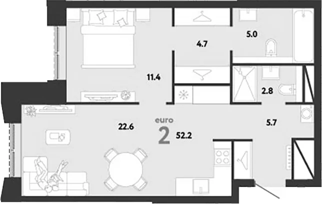 Планировка: Евродвушка 52,2 м² в ЖК «Страна.Заречная»