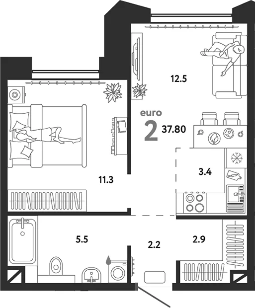 Планировка: Евродвушка 37,8 м² в ЖК «Страна.Озерная»