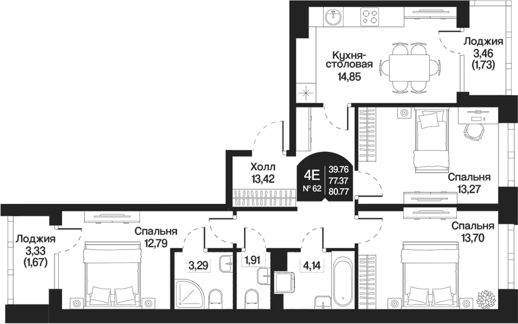 Планировка: Квартира евро-4 77,4 м² в ЖК «Охтинские высоты»