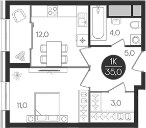 Планировка: 1-комнатная квартира 35 м² в ЖК «Кантемировский»