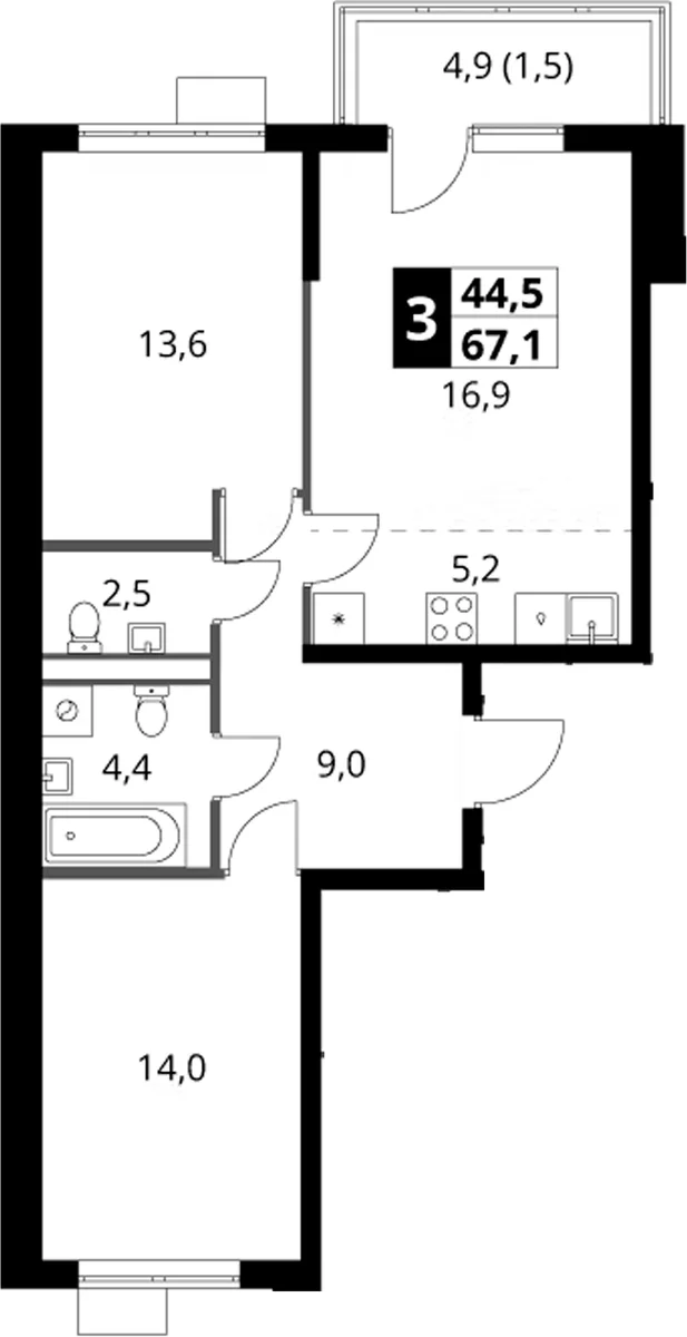 Планировка: Евротрёшка 65,6 м² в ЖК «1-й Ясеневский»