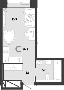 Планировка: Студия 26,1 м² в ЖК «Страна.Заречная»