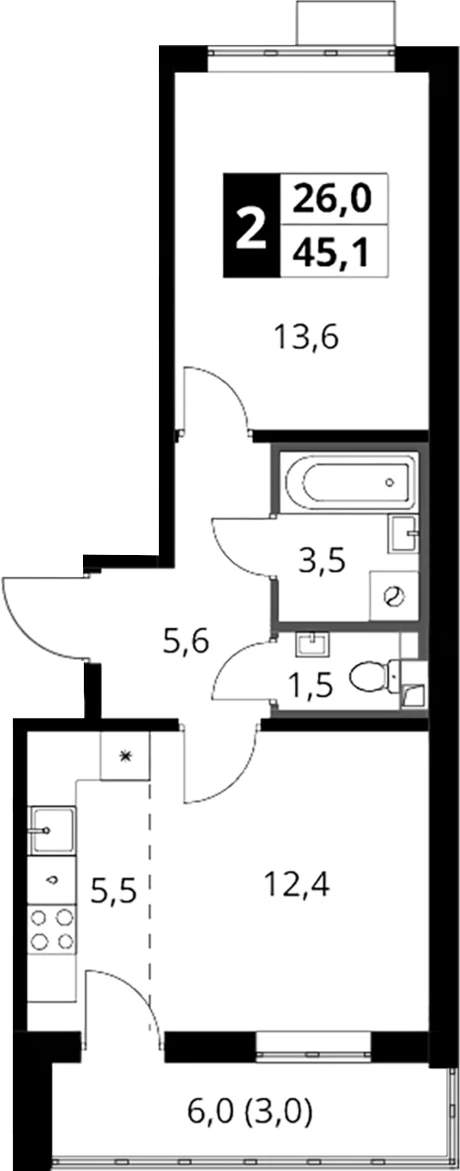 Планировка: Евродвушка 42,1 м² в ЖК «1-й Шереметьевский»