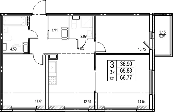 Планировка: 3-комнатная квартира 65,8 м² в ЖК «ID Murino III»