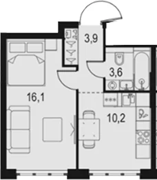 Планировка: 1-комнатная квартира 33,8 м² в ЖК «Левел Южнопортовая»