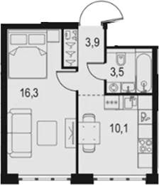Планировка: 1-комнатная квартира 33,8 м² в ЖК «Левел Южнопортовая»