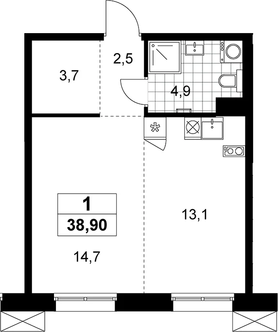 Планировка: Студия 38,9 м² в ЖК «Дзен-кварталы»