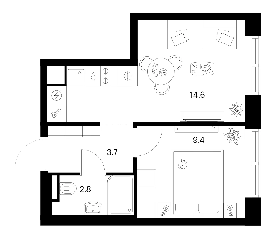 Планировка: 1-комнатная квартира 30,5 м² в ЖК «Зеленый парк»