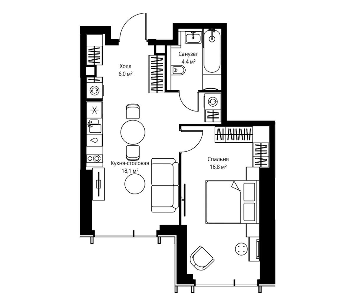Планировка: Евродвушка 45,3 м² в ЖК «Веер»