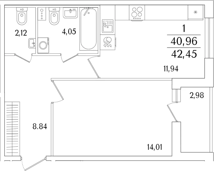Планировка: 1-комнатная квартира 41 м² в ЖК «Кинопарк»