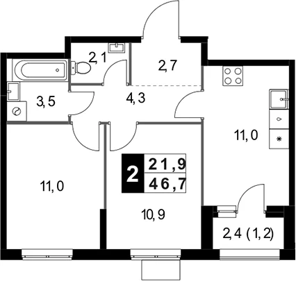 Планировка: 2-комнатная квартира 45,5 м² в ЖК «1-й Измайловский»