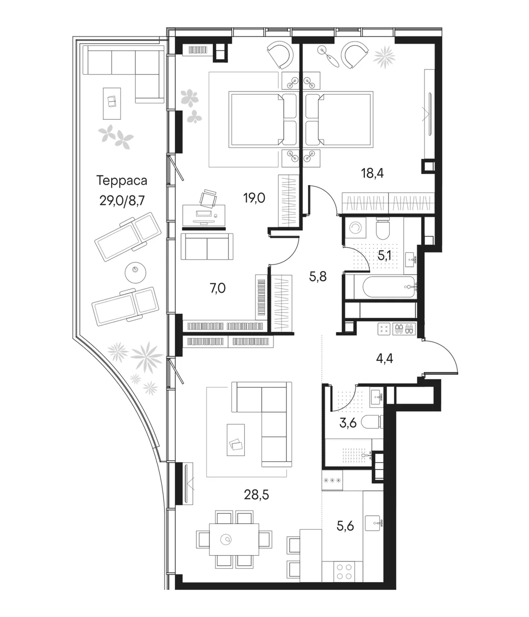 Планировка: Евротрёшка 97,4 м² в ЖК «Клубный город на реке Примавера»