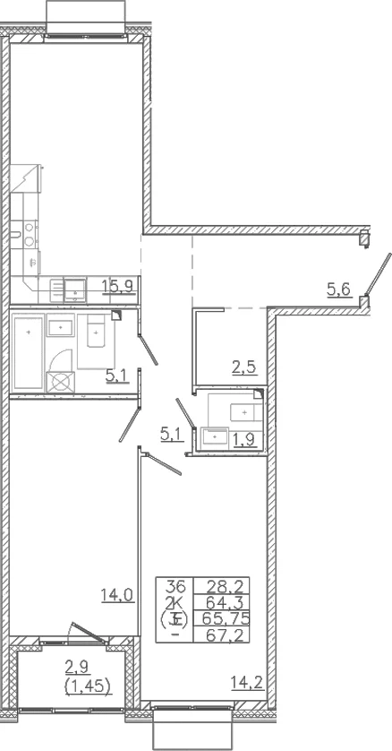 Планировка: Евротрёшка 64,3 м² в ЖК «Лисино»