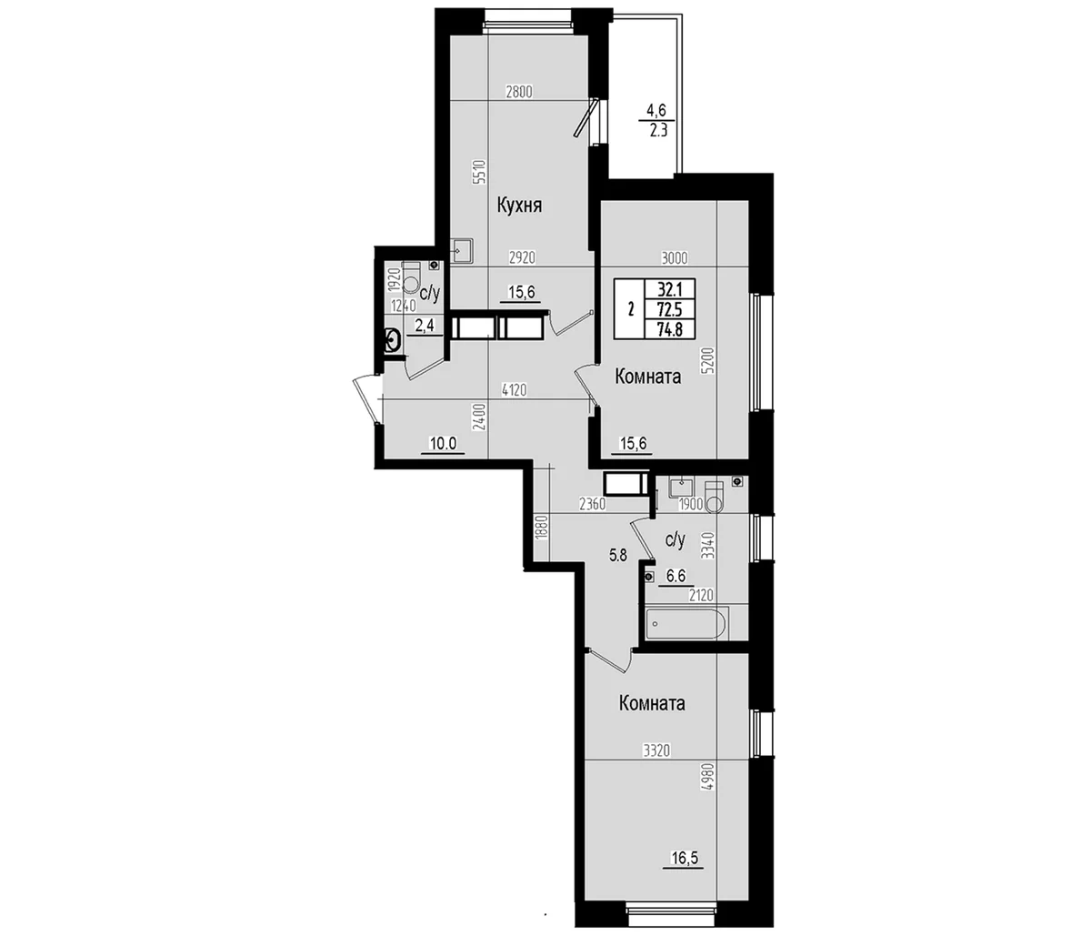 Планировка: Евротрёшка 72,5 м² в ЖК «Прагма Сити»