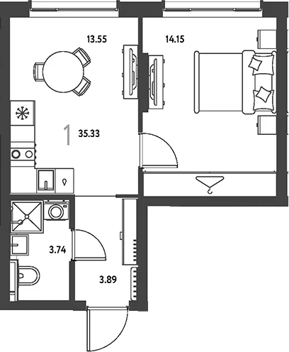 Планировка: 1-комнатная квартира 35,3 м² в ЖК «Страна.Парковая»