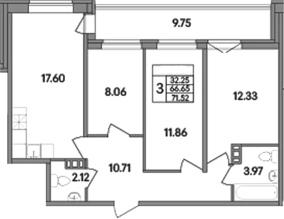 Планировка: Квартира евро-4 66,6 м² в ЖК «Рождественский квартал»