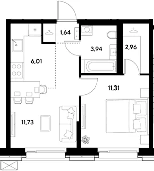 Планировка: Евродвушка 37,6 м² в ЖК «ЭВО»
