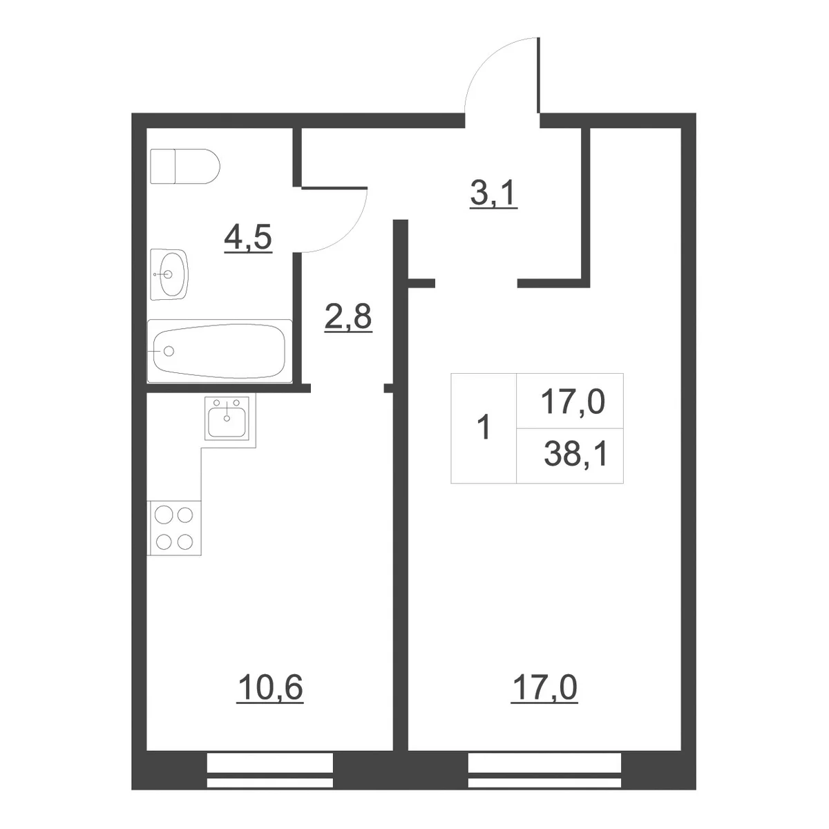 Планировка: 1-комнатная квартира 38,6 м² в ЖК «Дом на набережной. Атлантика»
