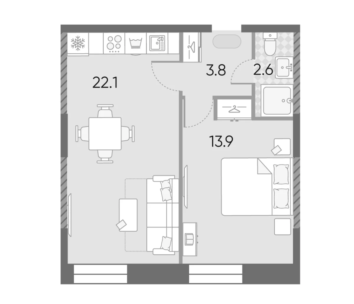 Планировка: Евродвушка 42,4 м² в ЖК «ЗилАрт»