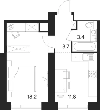 Планировка: 1-комнатная квартира 37,1 м² в ЖК «Инди Тауэрз от Аквилон»