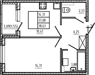 Планировка: 1-комнатная квартира 37,1 м² в ЖК «Новая история»