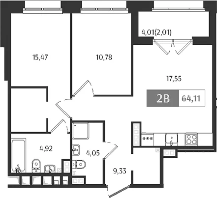 Планировка: Евротрёшка 62,1 м² в ЖК «Ranta Residence»