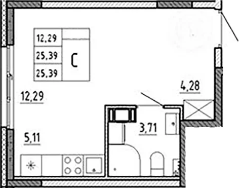 Планировка: Студия 25,4 м² в ЖК «Аннино Сити»