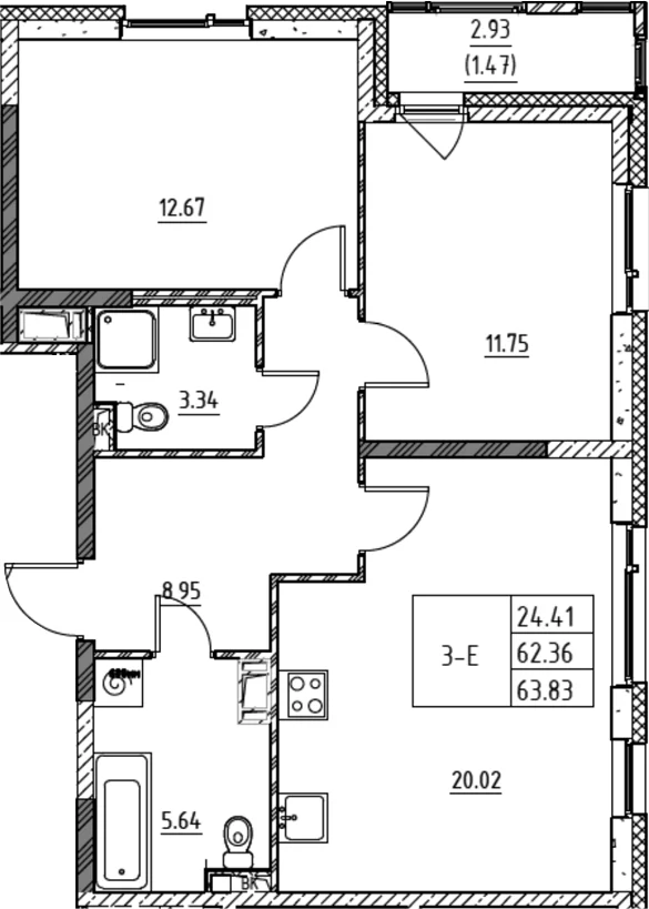 Планировка: Евротрёшка 62,4 м² в ЖК «Город-спутник Южный»