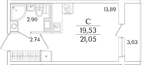 Планировка: Студия 19,5 м² в ЖК «Кинопарк»
