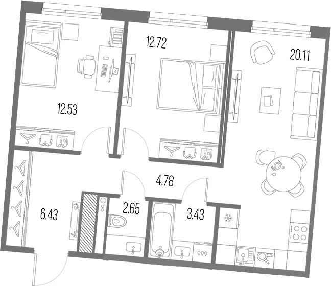 Планировка: Евротрёшка 62,7 м² в ЖК «Легенда Васильевского»